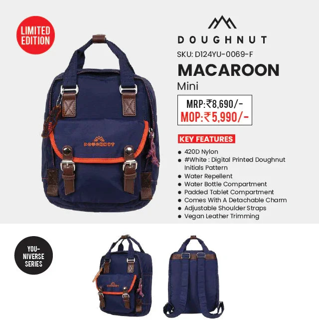 Doughnut Macaroon Mini You‑Niverse Series Backpack – Navy (7 L, Padded Tablet Sleeve, Detachable Charm) - Jaiman Toys