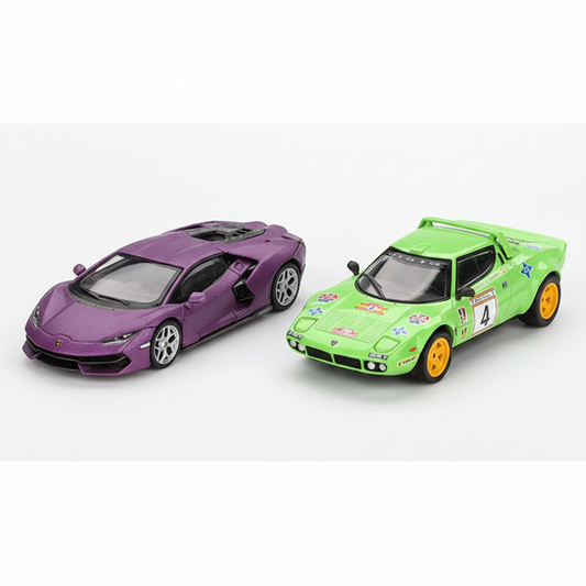 Mini GT 1:64 Blister Pack – Lamborghini Revuelto Viola 30th Matte + Lancia Stratos HF #4 1979 Spanish Rally Champion LHD Diecast Model Cars
