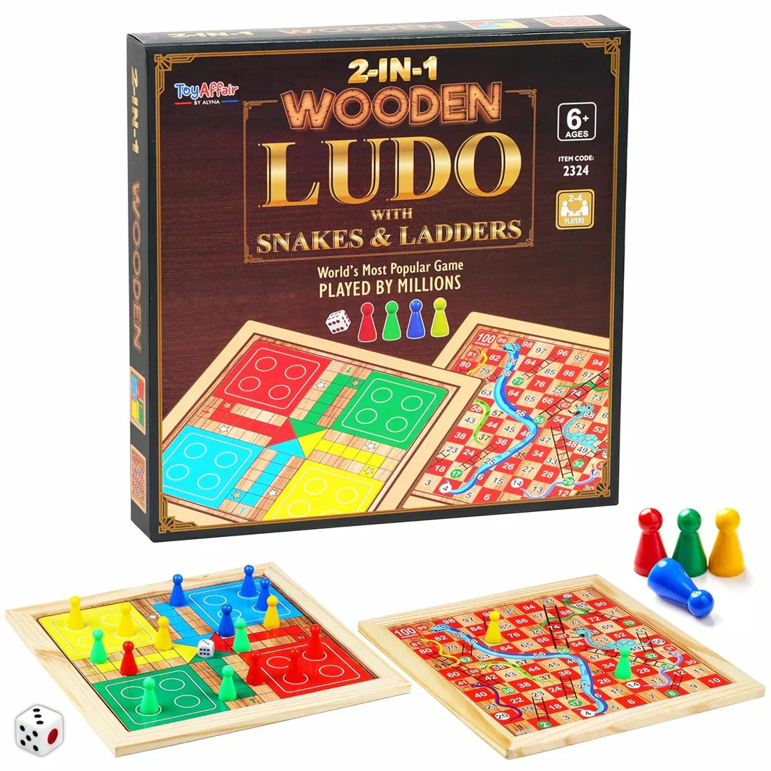 Toyaffair 2-in-1 Wooden Board Game – Ludo & Snakes & Ladders Portable Family Game Set