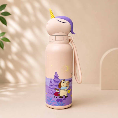 AFRESH 365 Unicorn Collection Stainless Steel Vacuum Insulated Water Bottle 560ml (19oz) | Kids Leakproof Straw Bottle with Flip-Top Lid & Carry Strap