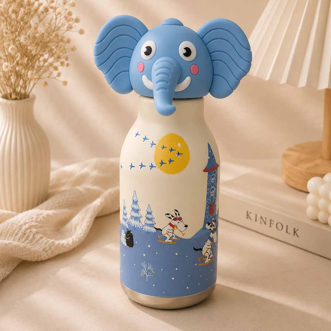 AFRESH 365 Animal Head Collection Elephant Stainless Steel Vacuum Insulated Water Bottle 450ml (16oz) with Straw & Cleaning Brush With 4 Colour Variants