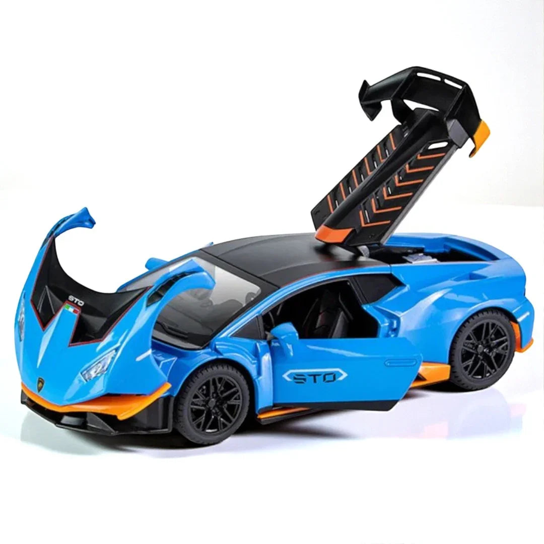 1:24 Scale Lamborghini Huracán STO. Die-Cast Metal Sports Car – Pull Back Model with Openable Doors, Sound & Light | Zinc Alloy Collectible Car