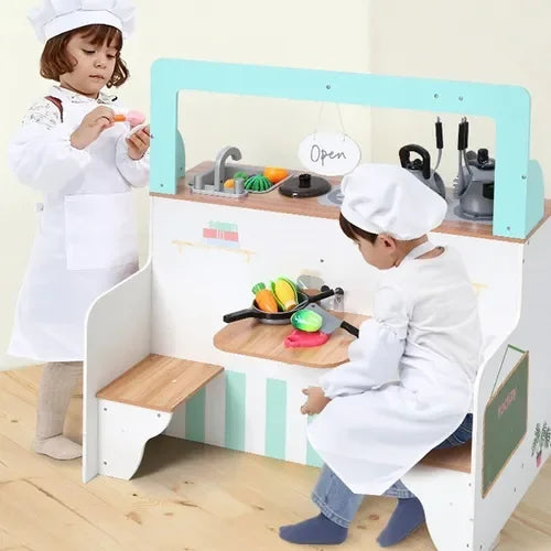 2 In 1 Kids Play Kitchen & Diner Restaurant Wooden Pretend Cooking Playset Kitchen Toys - Hw64636
