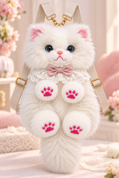 Fluffy White Persian Cat Backpack & Convertible Bag | Cute Plush Kitty Daypack with Pink Paw Pads, Lace Collar, Pink Bowtie & Adjustable Straps for Girls & Women