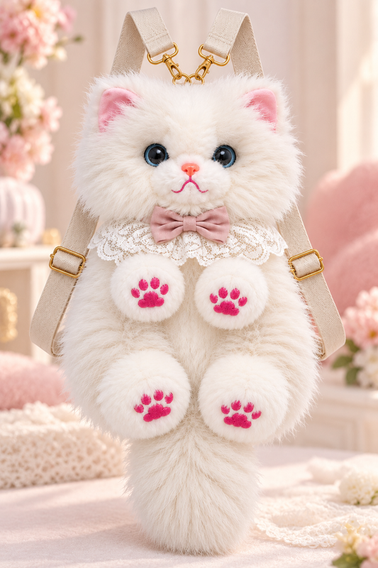 Fluffy White Persian Cat Backpack & Convertible Bag | Cute Plush Kitty Daypack with Pink Paw Pads, Lace Collar, Pink Bowtie & Adjustable Straps for Girls & Women