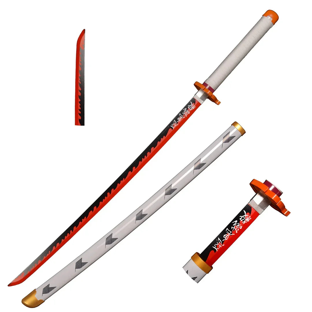 Demon Slayer Rengoku Kyojuro Samurai Sword – Flame Pillar Wooden Katana With Light Effect | Anime Cosplay Prop Sword for Kids & Collectors (Black & Red Blade)