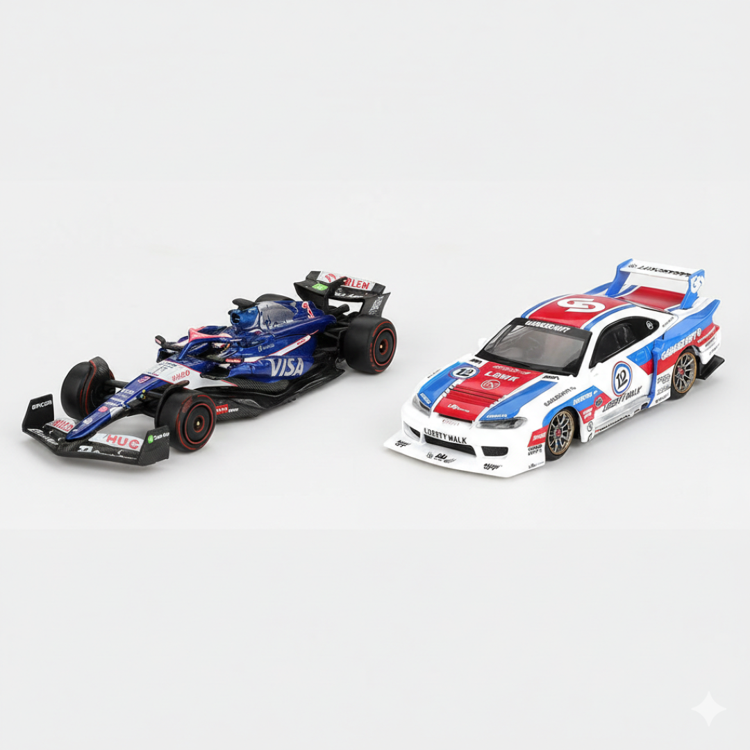 Mini GT 1:64 Blister Pack Racing Duo – RB VCARB F1 Ricciardo Bahrain GP 2024 + LBWK Nissan Silvia S15 Drift Collectibles