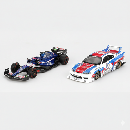 Mini GT 1:64 Blister Pack Racing Duo – RB VCARB F1 Ricciardo Bahrain GP 2024 + LBWK Nissan Silvia S15 Drift Collectibles