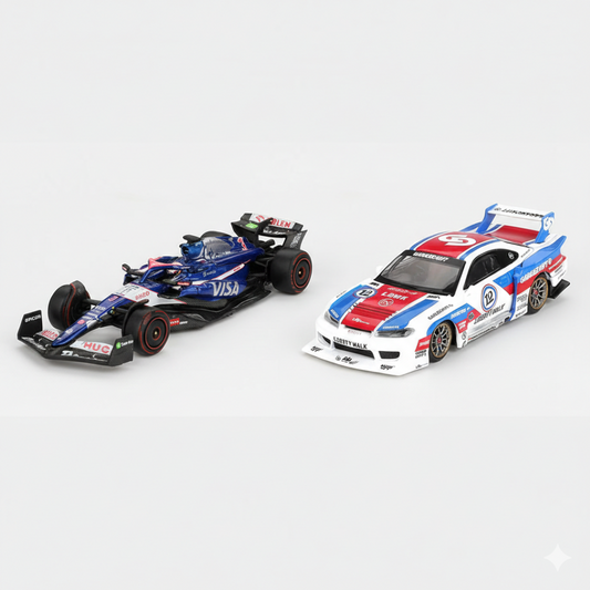 Mini GT 1:64 Blister Pack Racing Duo – RB VCARB F1 Ricciardo Bahrain GP 2024 + LBWK Nissan Silvia S15 Drift Collectibles