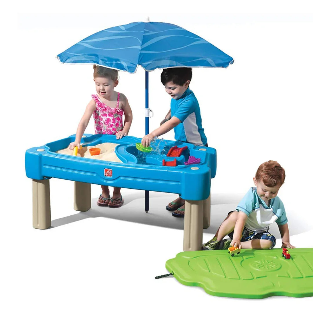Step2 Cascading Cove Sand & Water Table with Umbrella – Blue Kids Activity Table with 6 Accessories - Jaiman Toys