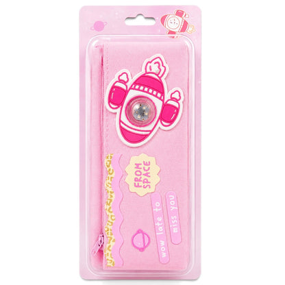 Pink Space Rocket Pencil Pouch with Light-Up Design | Zipper Stationery Case for Girls