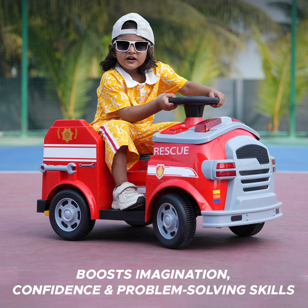 EMotorad Formula Fun Fire Truck Ride-On for Kids (Red) | Battery Operated Emergency Vehicle Toy