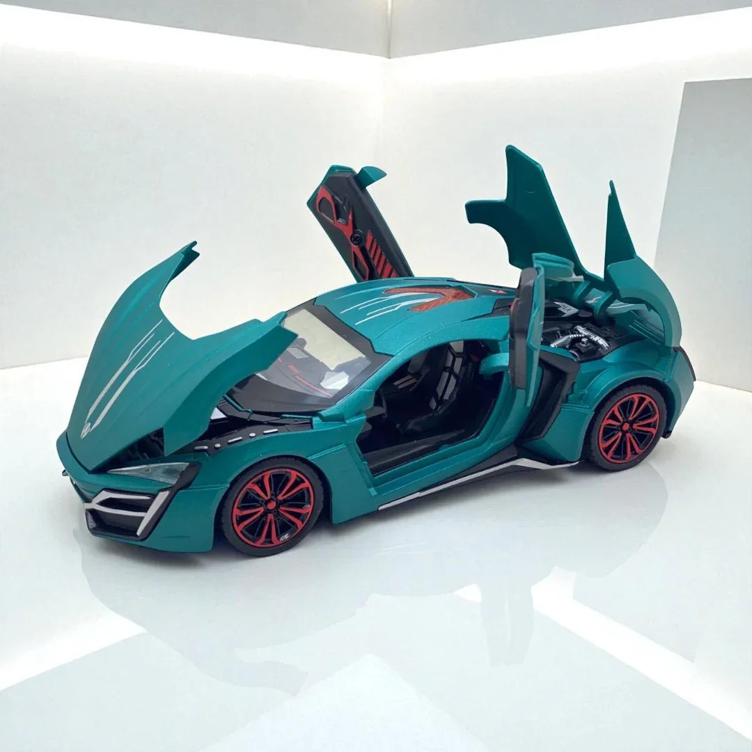 JOY JUNCTION 1:24 Lykan Hypersport V12 W Motors Die-Cast Model Supercar Car – Green | Openable Doors, Lights & Sound, Pull-Back Action (JJ265) - Jaiman Toys