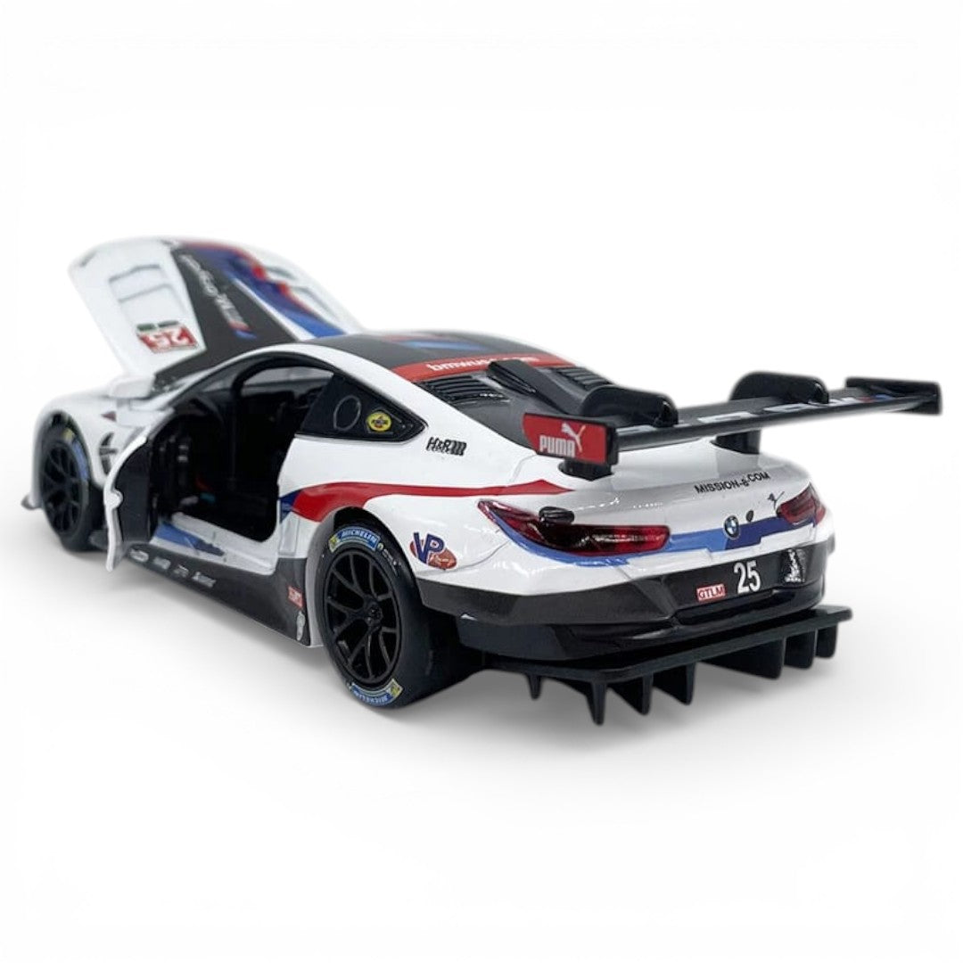 RMZ Hobby 1:32 BMW M8 GTE Die-Cast Model Car – White |Pull Back, Openable Doors, Light & Sound (664996)