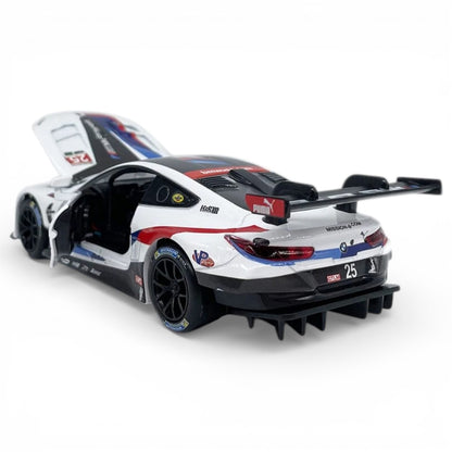 RMZ Hobby 1:32 BMW M8 GTE Die-Cast Model Car – White |Pull Back, Openable Doors, Light & Sound (664996)