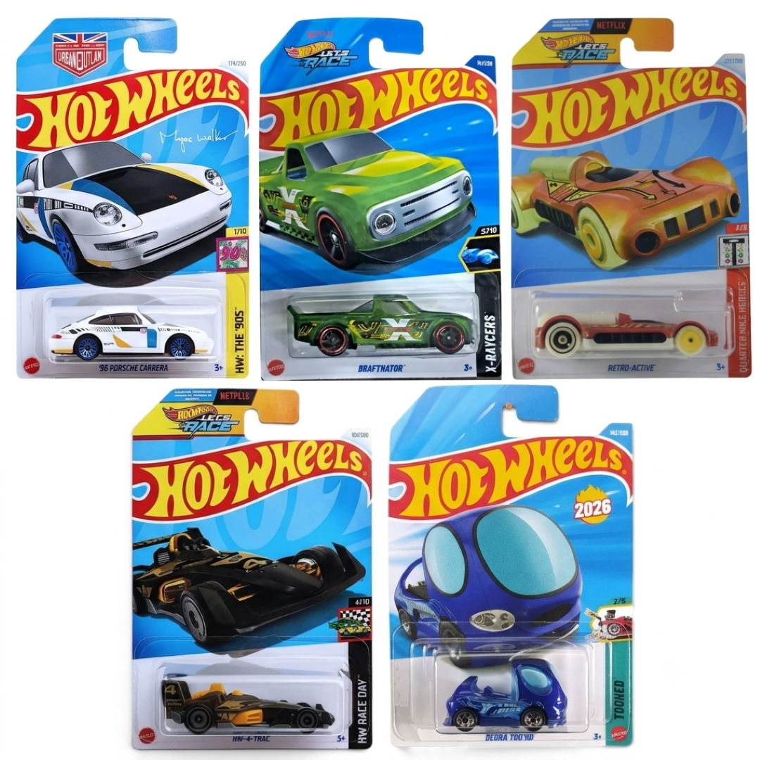 Hot Wheels 1:64 Scale 5-Car Die-Cast Set | ’96 Porsche Carrera, Deora II, HW 4-Trac, Retro-Active & Draftnator