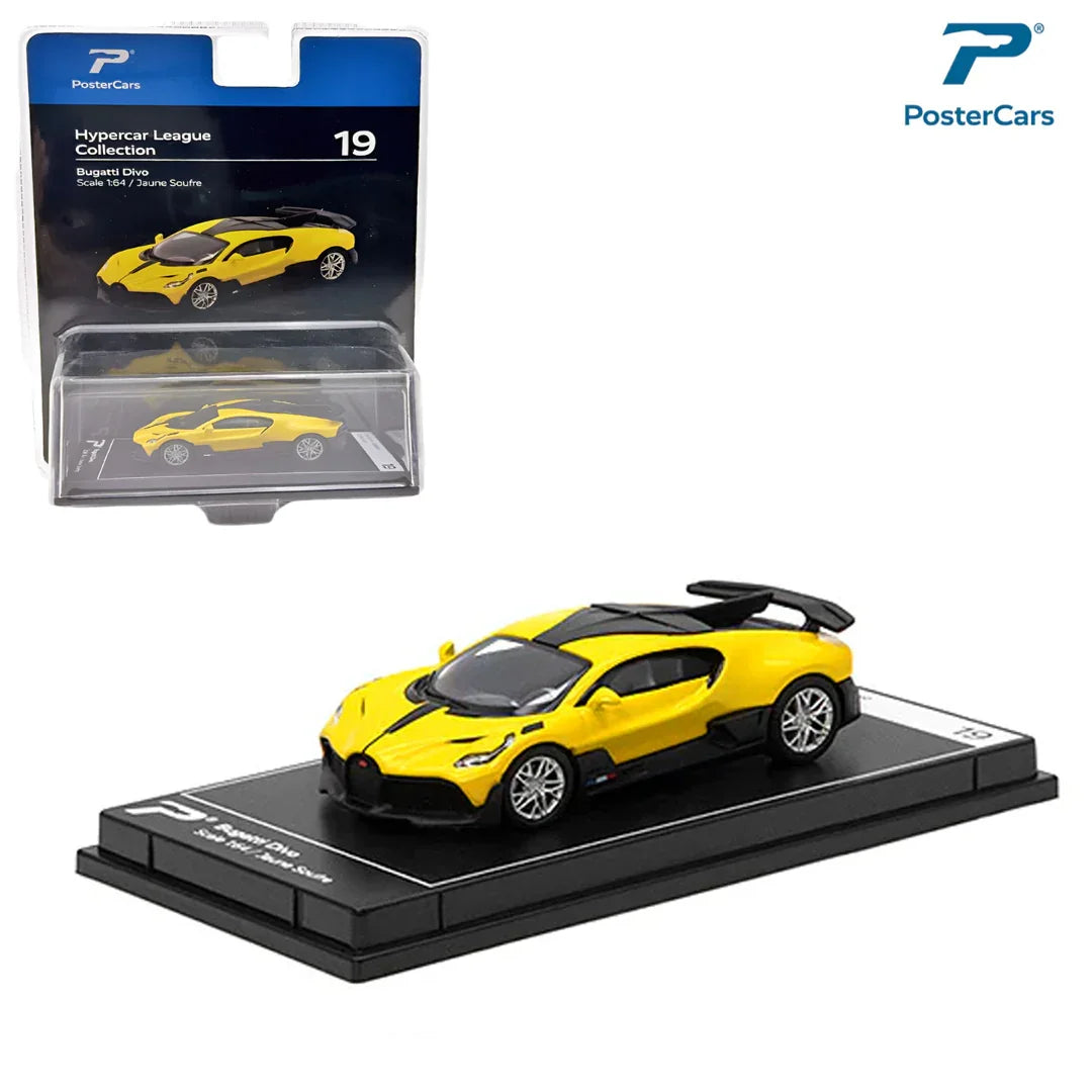 PosterCars 1:64 Bugatti Divo – Yellow Edition | Hypercar League Collection No.19 Premium Diecast Model - Blister Pack - Jaiman Toys