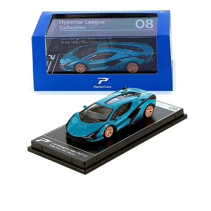 PosterCars 1:64 H08 – Lamborghini Sián FKP 37 (Blu Uranus) with Acrylic Box | Hypercar League Collection - Jaiman Toys