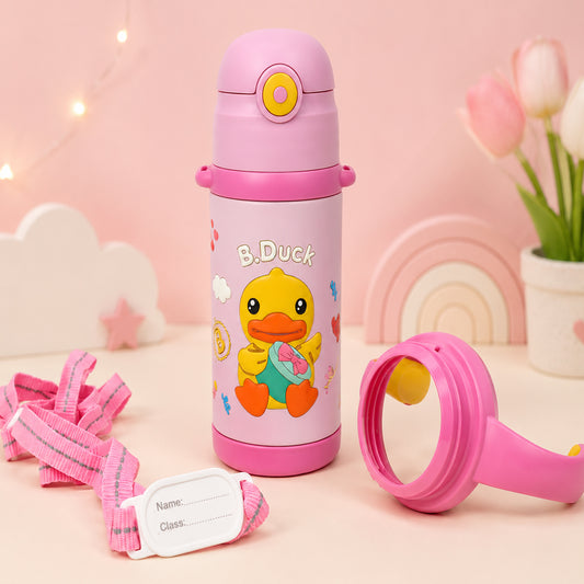 B.Duck Kids Vacuum Insulated Water Bottle with Straw & Carry Strap | Leakproof School Bottle | 420ml