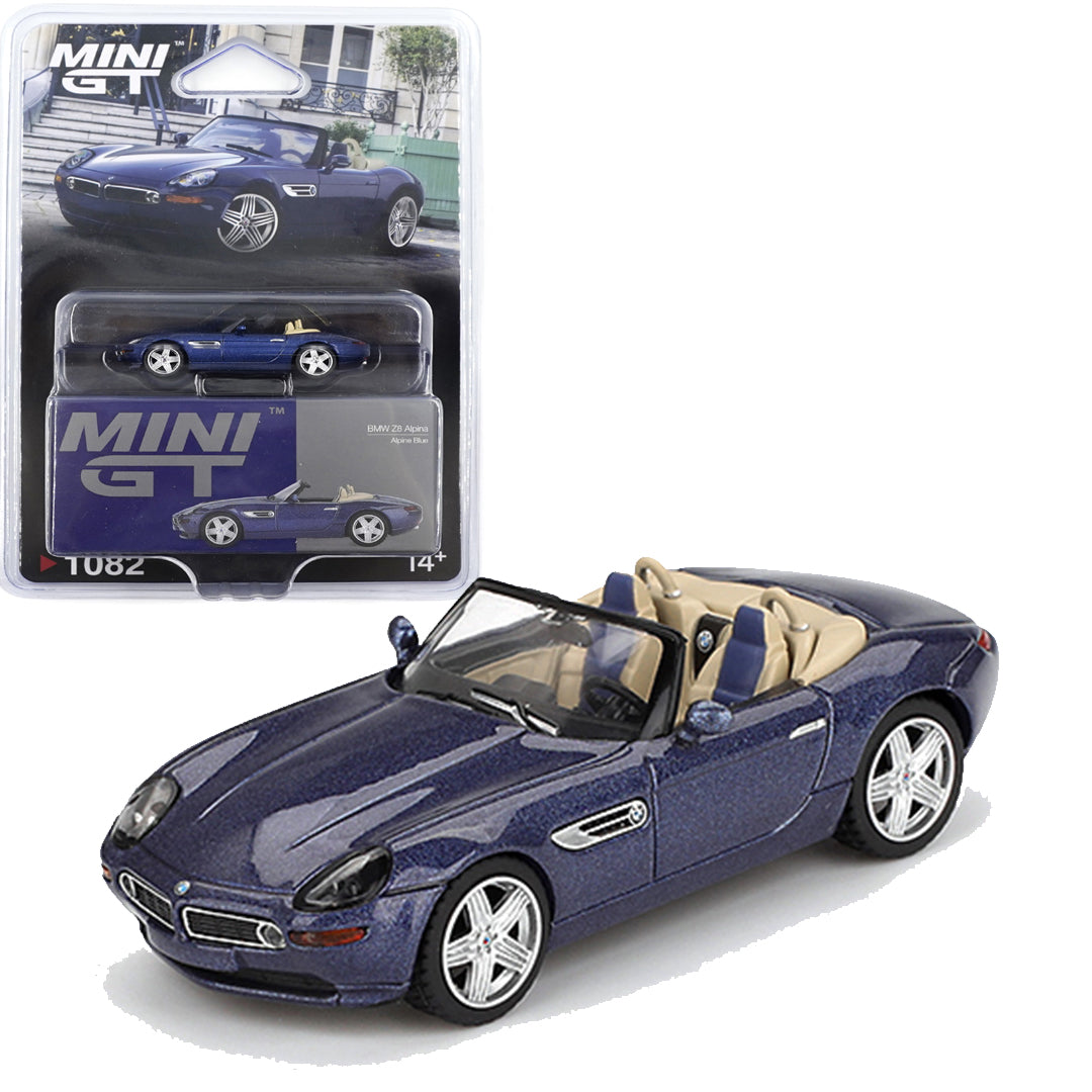 Mini GT 1:64 BMW Z8 Alpina Alpine Blue + Aston Martin AMR24 #14 Fernando Alonso F1 2024 Diecast Combo