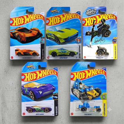 Hot Wheels 5-Car Die-Cast Set – McLaren Solus GT + Alpha Pursuit HYW71 + Speed Driver + Wheelie Chair + Nerve Hammer | 1:64 Scale Collectible Cars