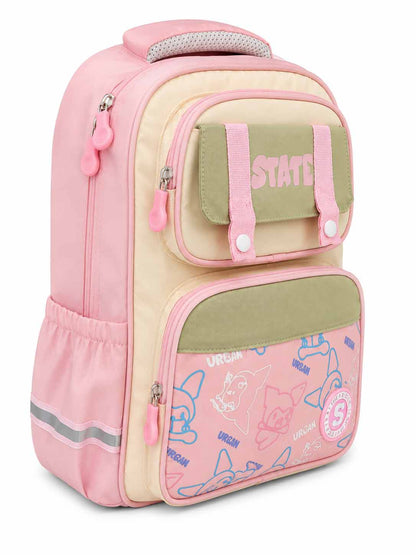 State Kids School Backpack 16Inch | Cute Cartoon Print School Bag with Multiple Compartments, Reflective Strips & Side Bottle Pockets