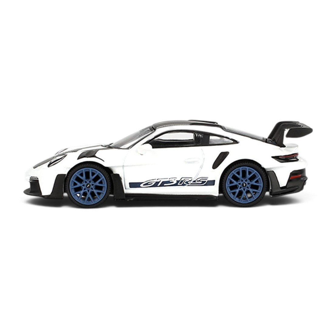 MINI GT 1:64 Porsche 911 GT3 RS Weissach Package – White with Indigo Blue | Premium Die-Cast Collectible Model Car
