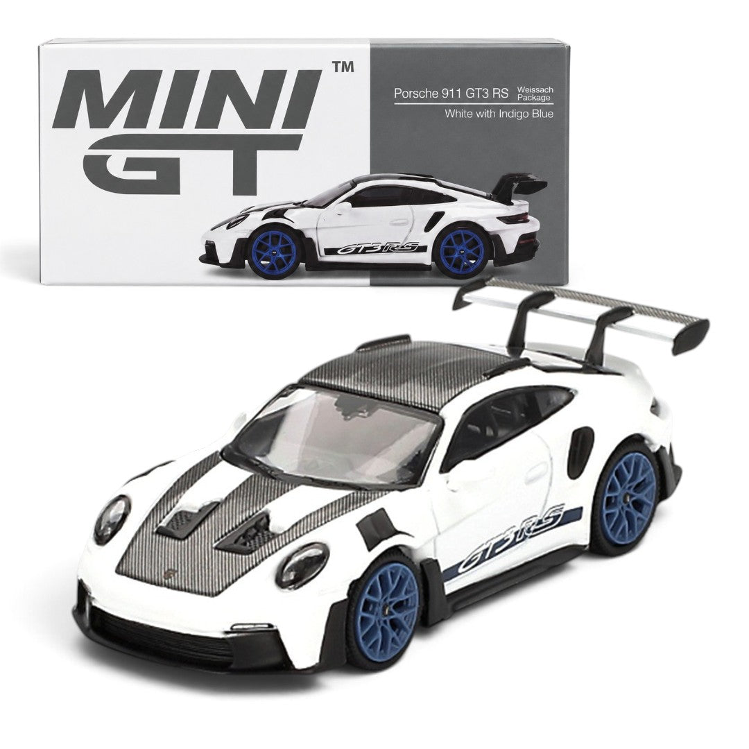 MINI GT 1:64 Porsche 911 GT3 RS Weissach Package – White with Indigo Blue | Premium Die-Cast Collectible Model Car
