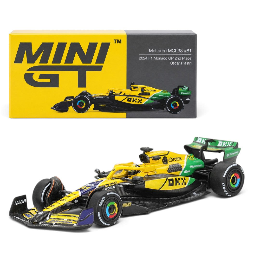 MINI GT 1:64 McLaren MCL38 #81 – 2024 F1 Monaco GP 2nd Place Oscar Piastri | Formula 1 Die-Cast Collectible Model Car