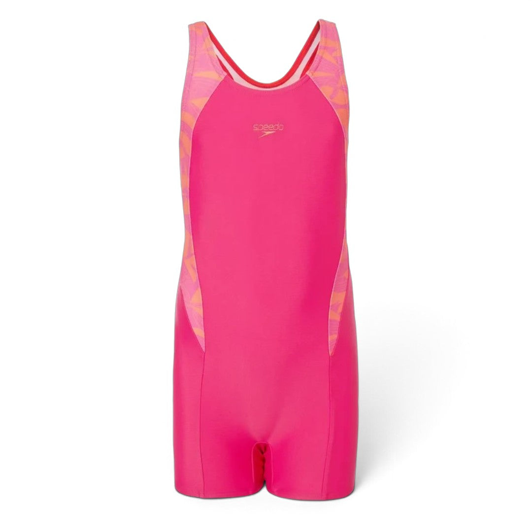 Speedo Printed Splice Muscleback Legsuit for Girls – Ruby, Tropic Coral & Margarita Pink | Chlorine Resistant Swimwear with UPF 40+