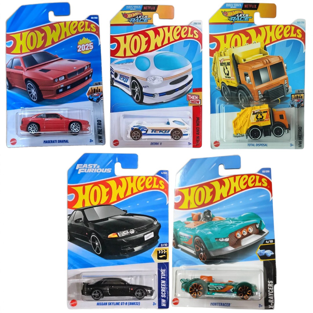 Hot Wheels 1:64 Scale 5-Car Set – Maserati Shamal HW Metro, Deora II, Nissan Skyline GT-R BNR32, Monteracer HYX86 & Total Disposal