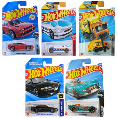 Hot Wheels 1:64 Scale 5-Car Set – Maserati Shamal HW Metro, Deora II, Nissan Skyline GT-R BNR32, Monteracer HYX86 & Total Disposal