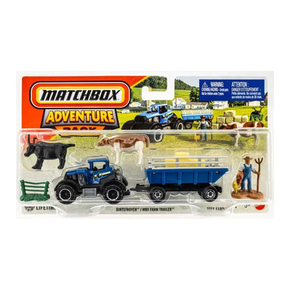 Matchbox Die-Cast Hitch and Haul Playset - MBX Farm Trailer ~ Blue Dirtstroyer Tractor and Farm Trailer with Accessories and Figures