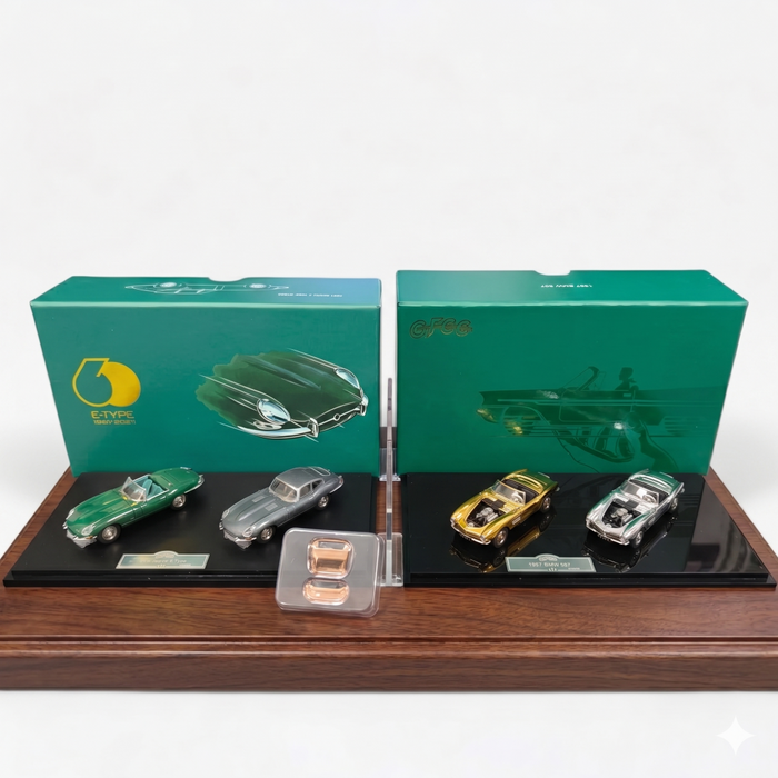 GFCC 1:64 BMW 507 Gold & Silver Plated & 1961 Jaguar E-Type Roadster Die-Cast Model Car Set | Premium Collector Edition