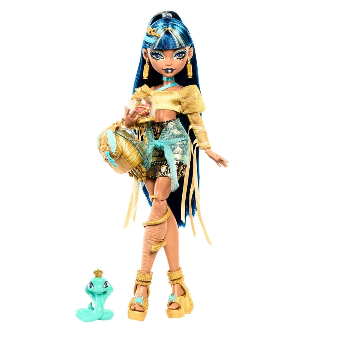 Monster High Cleo De Nile Doll – Golden Blouse & Layered Skirt | Includes Pet Cobra Hissette, Backpack & Accessories - Jaiman Toys