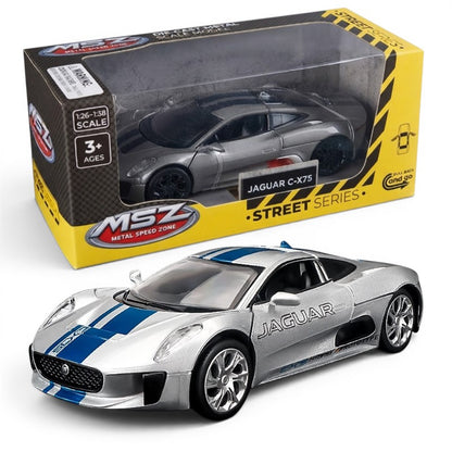 MSZ 1:38 Jaguar C-X75 Silver Livery Die-Cast Model Car with Openable Doors & Pull-Back Action | Street Series