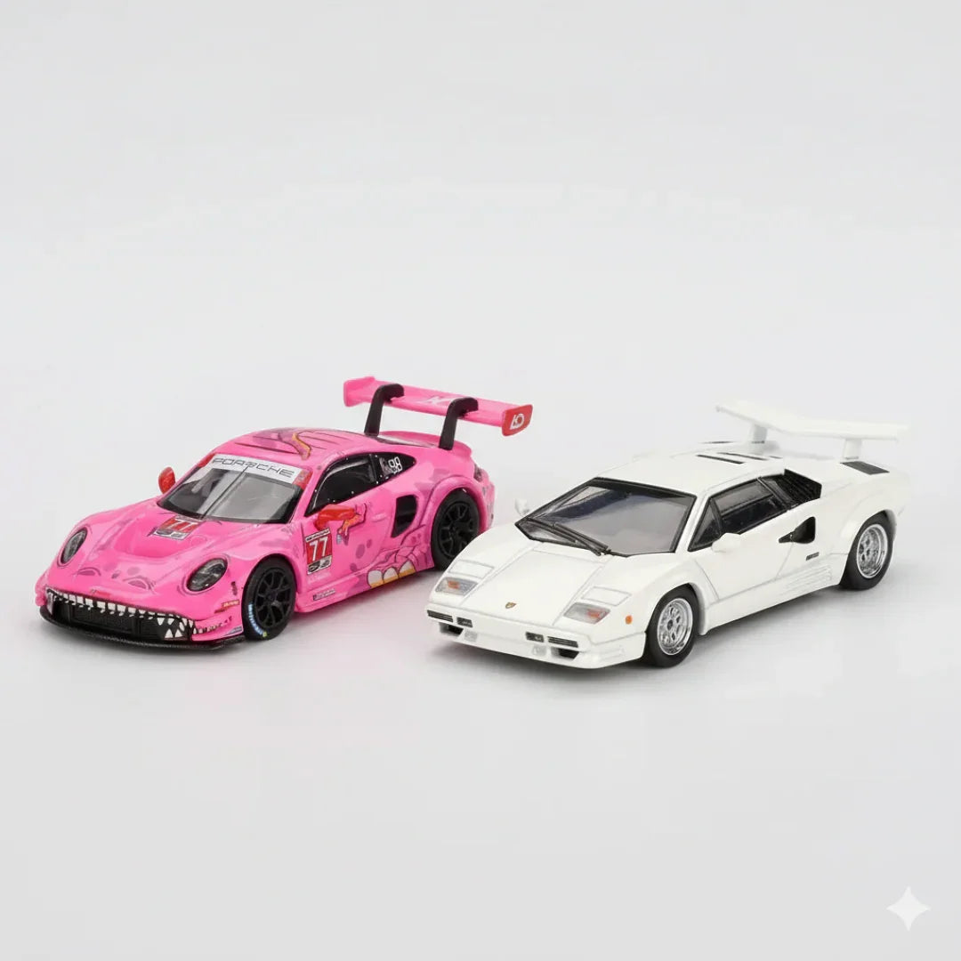 Mini GT 1:64 Duo Set Roxy Porsche 911 GT3 R #77 AO Racing IMSA 2024 + Blister Lamborghini Countach 25th Anniversary White | Premium Diecast Models
