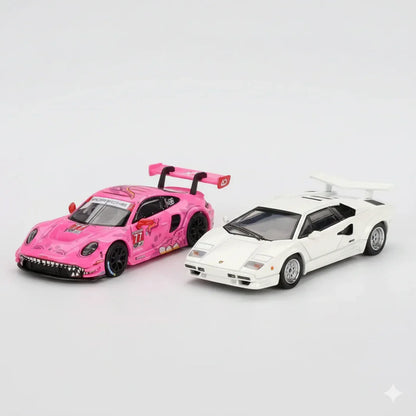 Mini GT 1:64 Duo Set Roxy Porsche 911 GT3 R #77 AO Racing IMSA 2024 + Blister Lamborghini Countach 25th Anniversary White | Premium Diecast Models