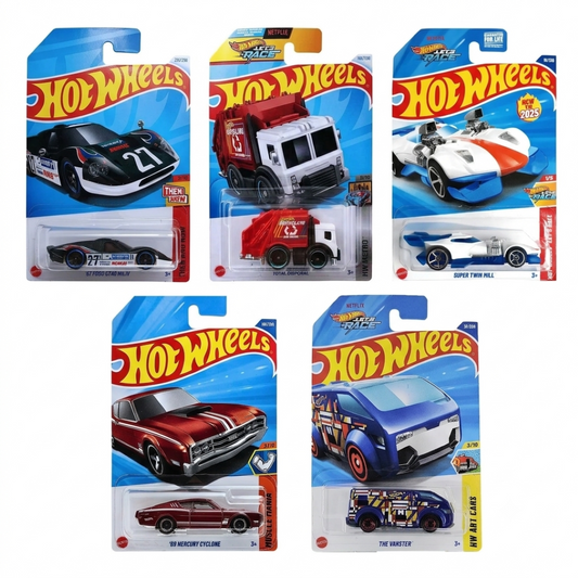 Hot Wheels  Ford Gt40 Mk.IV Then and Now +Let's Race The Vanster-HYY87+HYY61 Muscle Mania '69 Mercury Cyclone+Twin Mill-HYW12+Disposal Dump Truck Drifter