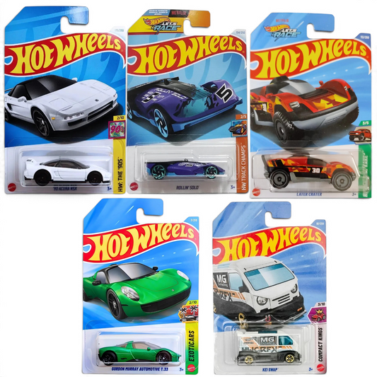 Hot Wheels 1:64 Scale 5-Car Set – '90 Acura NSX, Gordon Murray Automotive T.33 Green JJL44, Rollin' Solo Track Champs, KEI SWAP & Later Crater HYY55