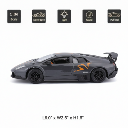 RMZ City 1:36 Lamborghini Murcielago LP 670-4 SV Diecast Car Model – Grey| Openable Doors, Sound & Light