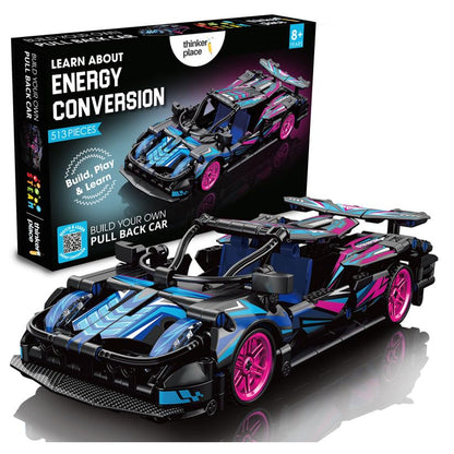 ThinkerPlace 1:18 DIY Blocks Pull-Back Car – Pink & Black | Buildable STEM Construction Racing Toy for KidsV 8+