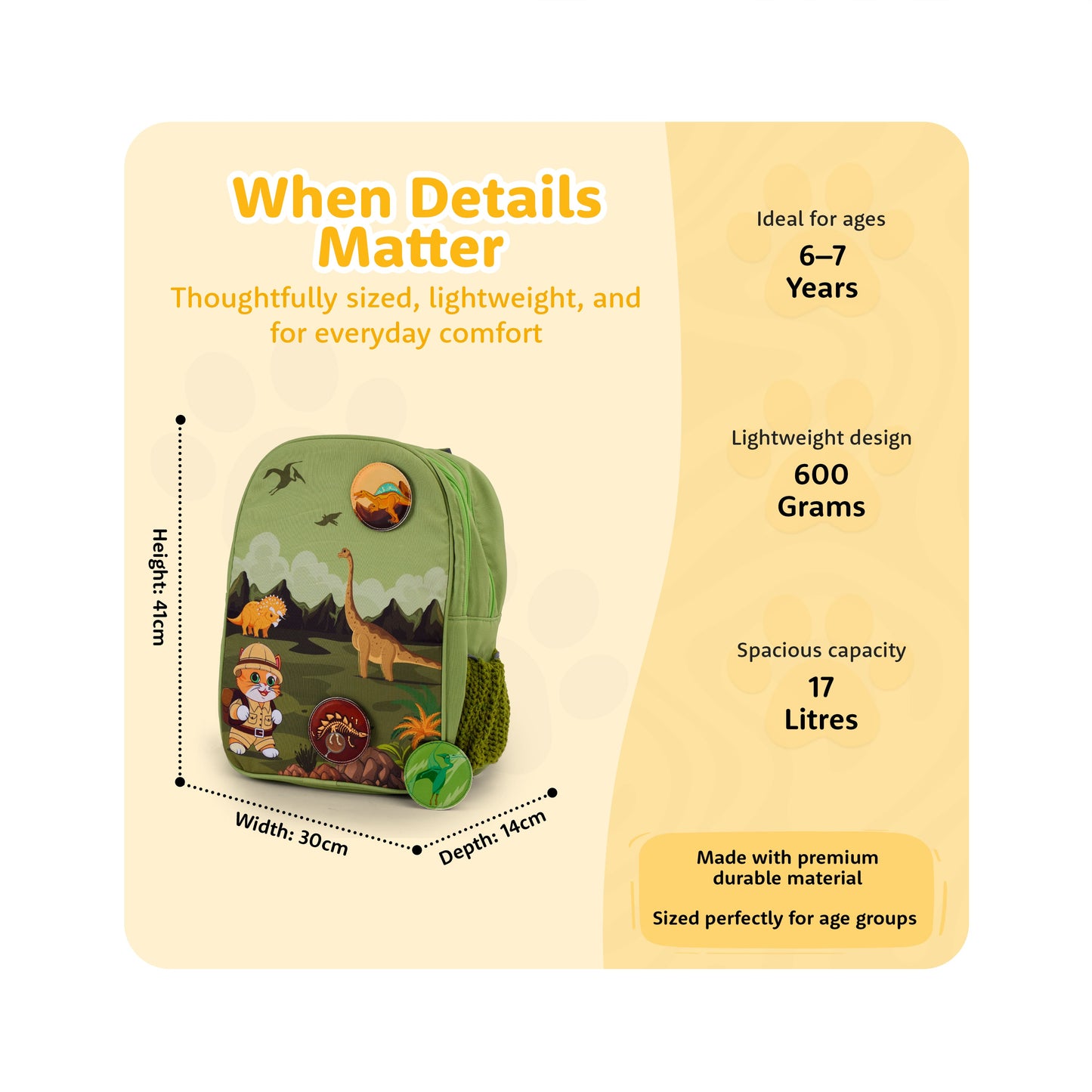 Filli & Me Filli Meets Dinosaurs HugBag | 17L Kids School Backpack for Ages 6–7 Years | Lightweight School & Travel Bag