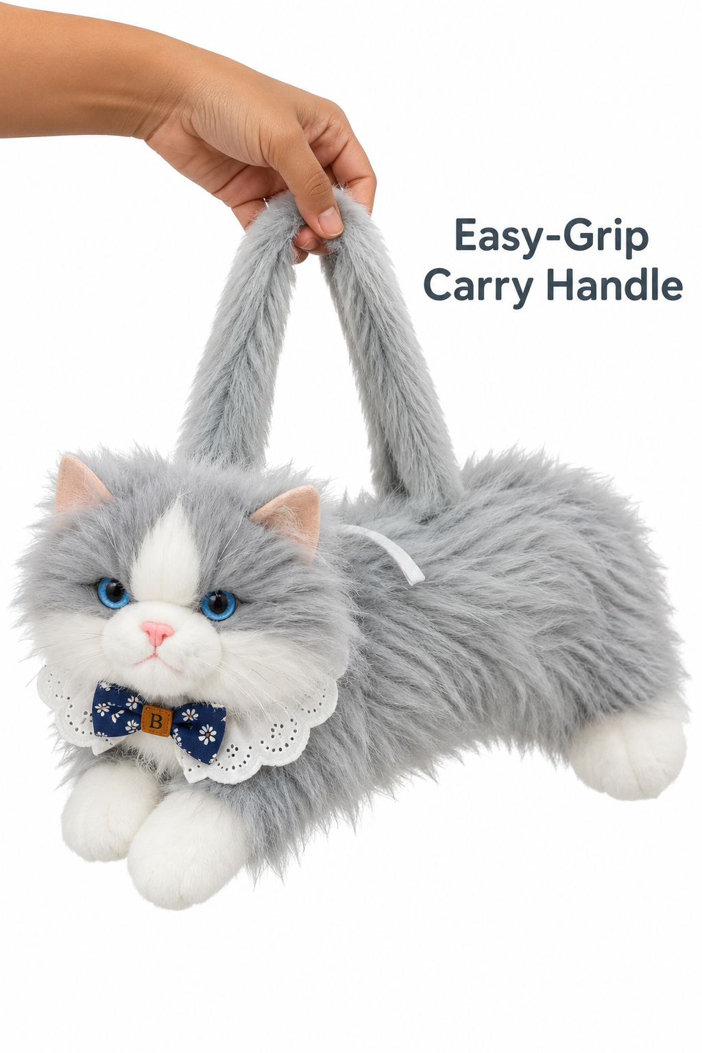 Meowing Plush Grey & White Cat Handbag & Crossbody Bag | Fluffy Kitty Purse with Adjustable Strap & Lace Collar for Girls & Women