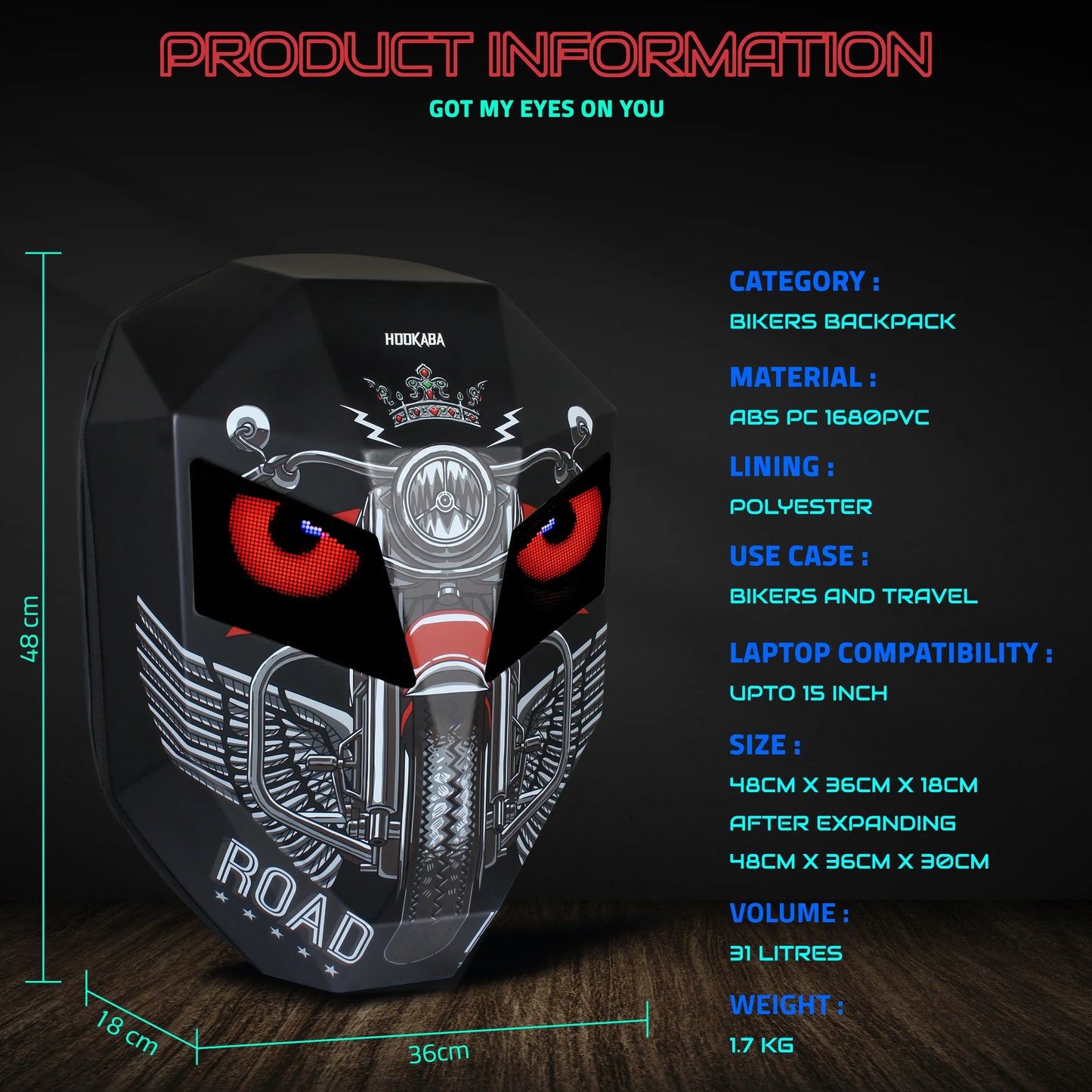 Hookaba Eye Rover Adventure LED Backpack – Hard Shell | Waterproof | 15.6” Laptop | 31L | Black - Jaiman Toys