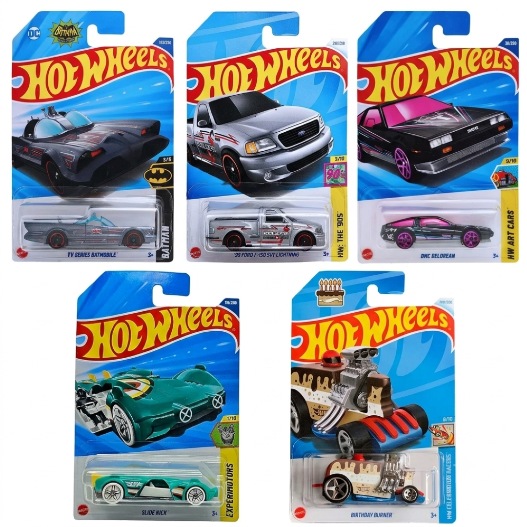 Hot Wheels 5-Car Die-Cast Set – Batman TV Series Batmobile + Birthday Burner + Slide Kick HYY02 + DMC DeLorean + '99 Ford F-150 SVT Lightning HW The '90s | 1:64 Scale Collectible Cars