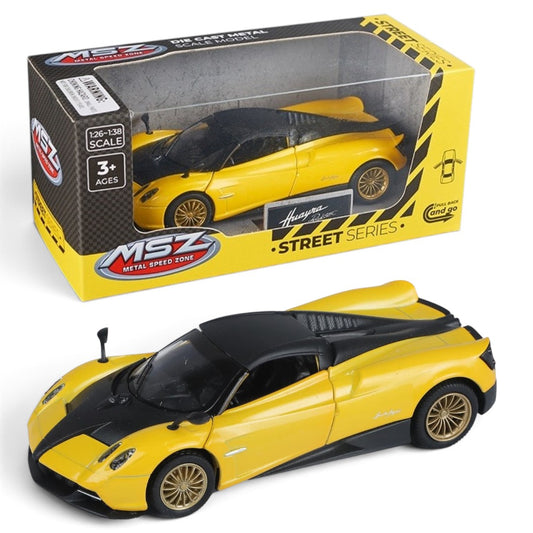 MSZ 1:38 Pagani Huayra Roadster BC Yellow Die-Cast Model Car with Pull-Back Action & Openable Doors
