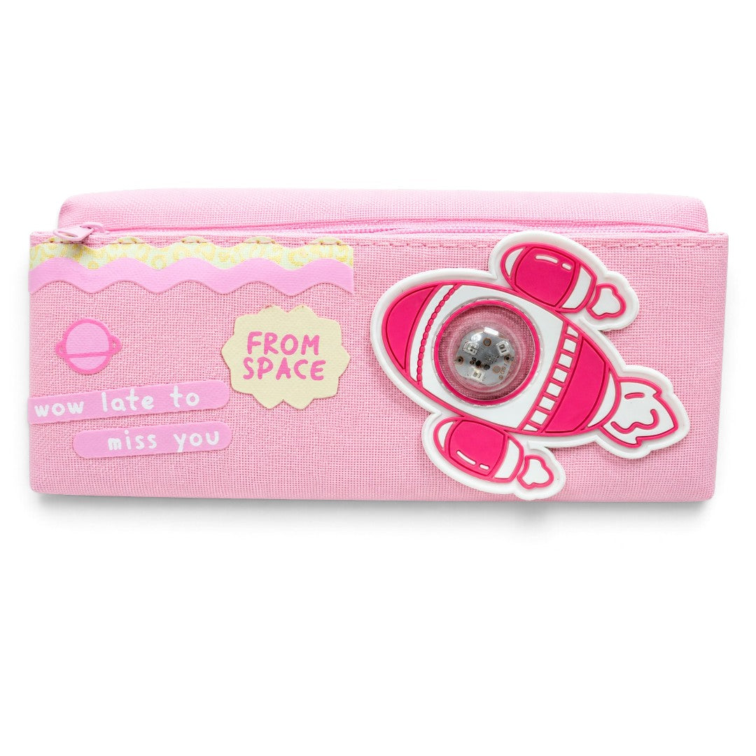 Pink Space Rocket Pencil Pouch with Light-Up Design | Zipper Stationery Case for Girls