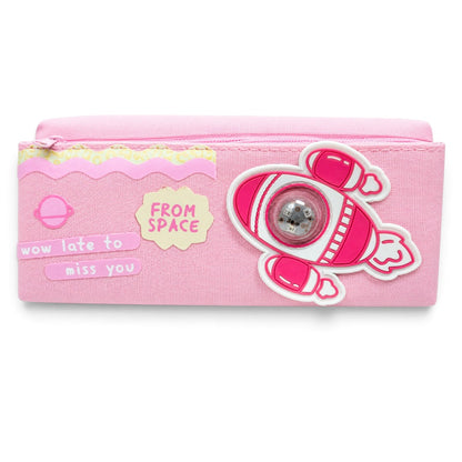 Pink Space Rocket Pencil Pouch with Light-Up Design | Zipper Stationery Case for Girls