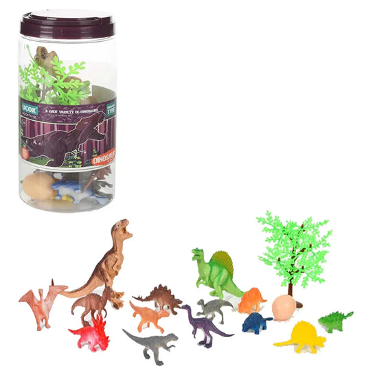 Dinosaur Toy Jar – 13 Piece Educational Playset with Dinosaurs, Eggs & Trees | Dino Figures Set for Kids